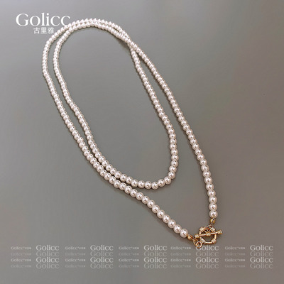 长款多层叠戴OT扣珍珠项链毛衣链