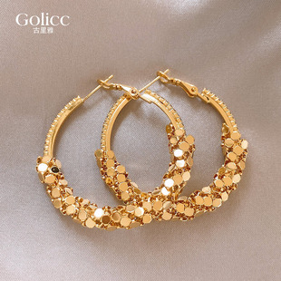 古里雅金属碎银子大圈圈耳环女高级感轻奢耳钉精致耳圈方圆脸耳饰