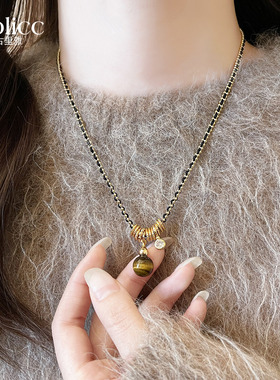 金色虎眼石串珠编织绳葫芦项链