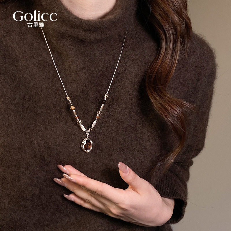 咖色锆石虎眼石串珠项链轻奢小众