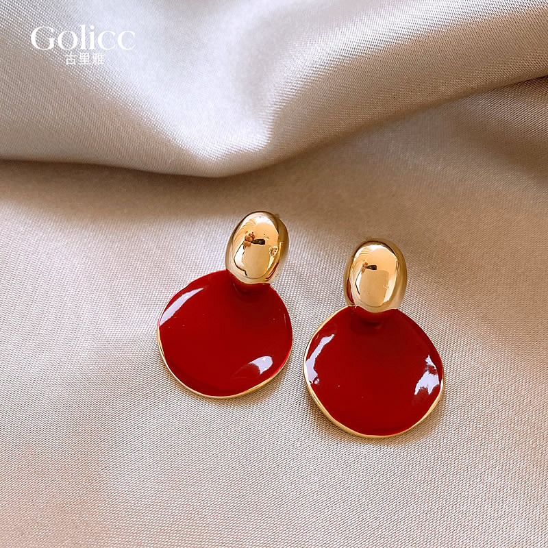 金色豆豆红色圆盘耳环高级感耳饰