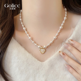 爱心锆石吊坠珍珠串珠项链女款 高级感轻奢小众毛衣链颈链2026新款