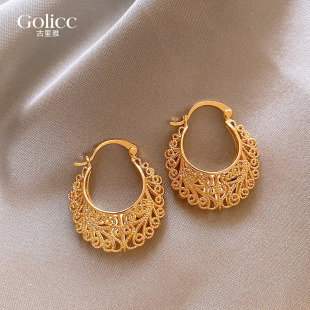 古法沙金镂空耳环女2026年新款秋冬耳圈轻奢高级感耳饰方圆脸耳钉