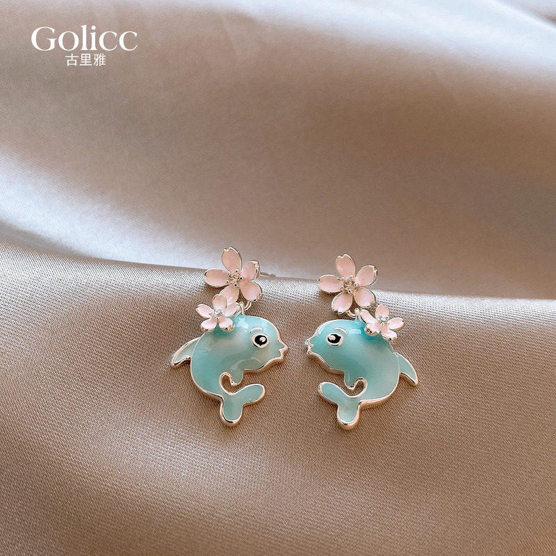 蓝色海豚锆石花朵耳环设计感小众