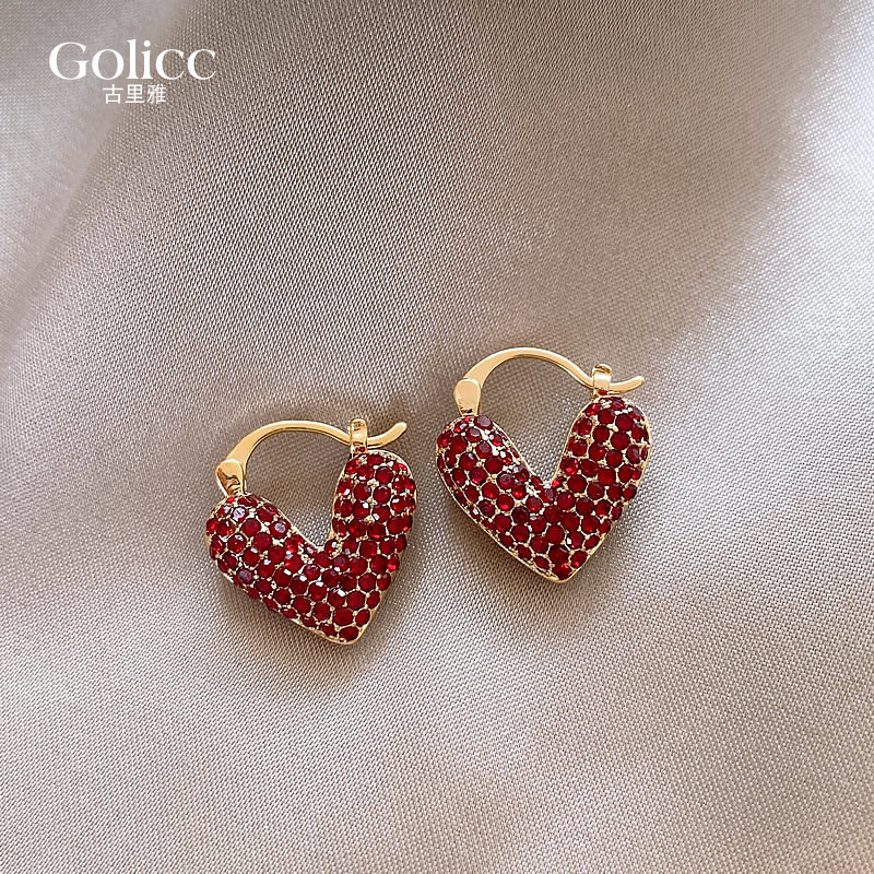 红色满钻爱心耳环高级感轻奢耳饰