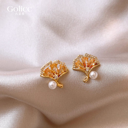 金色锆石银杏叶珍珠耳环精致小巧