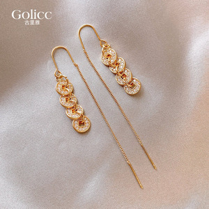 金色钱币流苏耳线耳环女2026新款爆款高级感耳饰独特漂亮小众耳钉