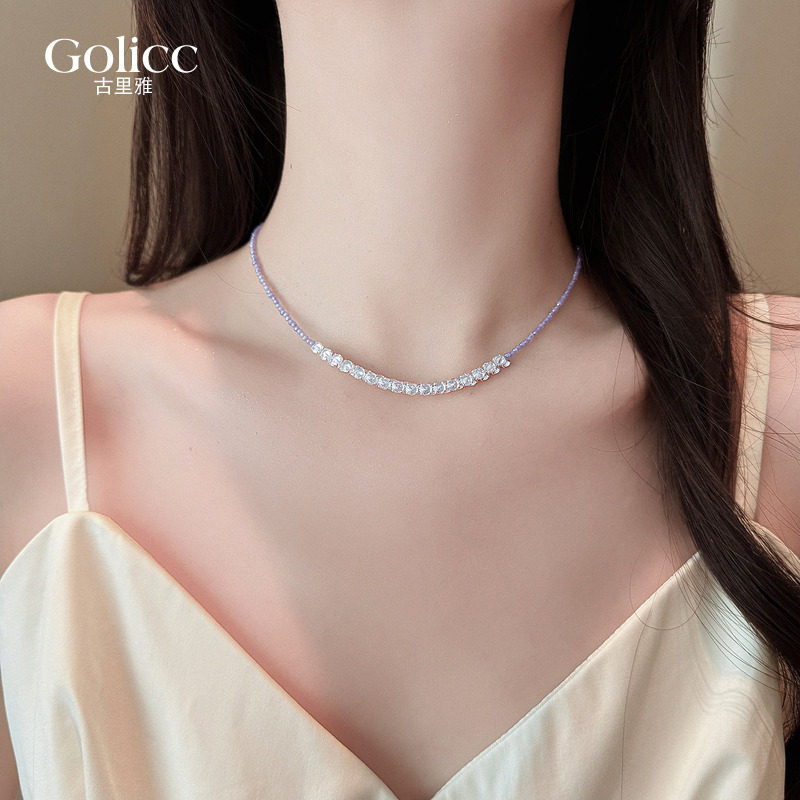 紫色串珠锆石项链女款脖子配饰高级感轻奢小众锁骨链2026新款颈链
