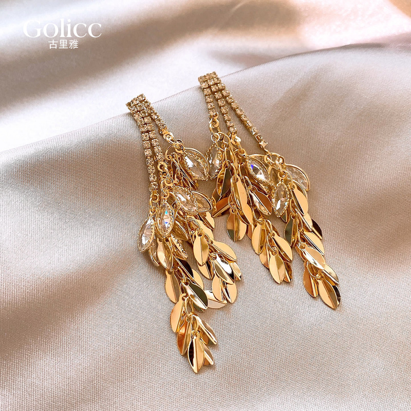 金色锆石树叶流苏耳坠耳环高级感