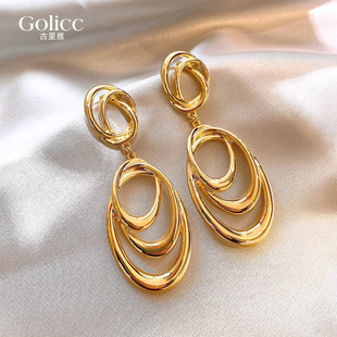 金色多层夸张大圈圈耳坠耳环女高级感耳钉适合圆脸的耳饰小众耳圈