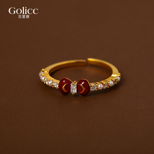 金色锆石珍珠蝴蝶结开口戒指女2026新款爆款食指戒轻奢高级感指环