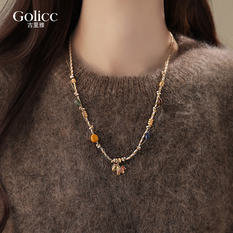 金色小马吊坠双层编织串珠项链