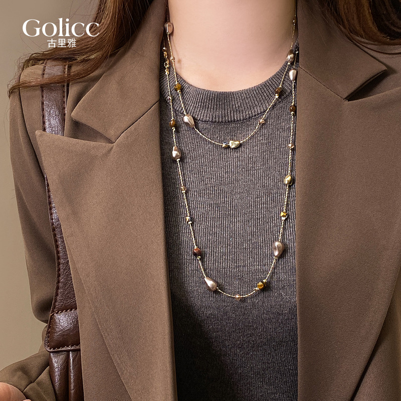 双层叠戴虎眼石串珠长项链高级感