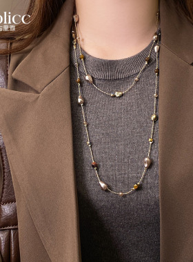 双层叠戴虎眼石串珠长项链高级感