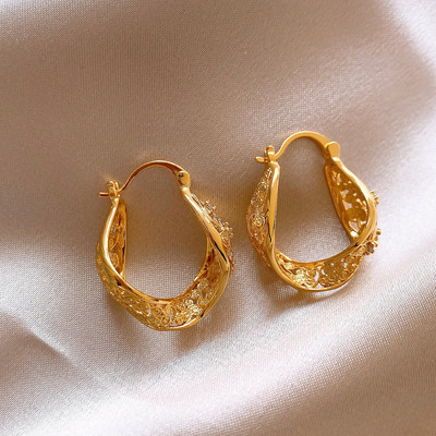 金色花丝扭纹圈圈耳扣耳环高级感