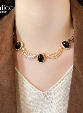 黑金椭圆几何撞色项链小众锁骨链