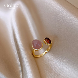 复古琥珀色水晶开口戒高级感轻奢小众设计指环尾戒女2026新款爆款