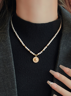 小狮子微镶圆盘吊坠珍珠串珠项链