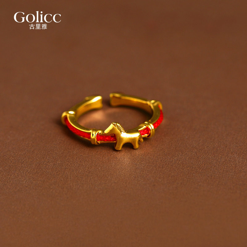 沙金小马红绳开口戒指小众设计
