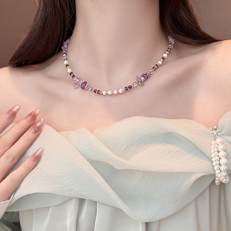 紫色水晶珍珠项链女高级感轻奢小众饰品锁骨链2026新款多巴胺颈链