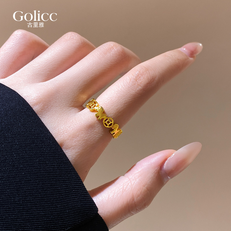 金色钱币小马开口戒指小众食指戒