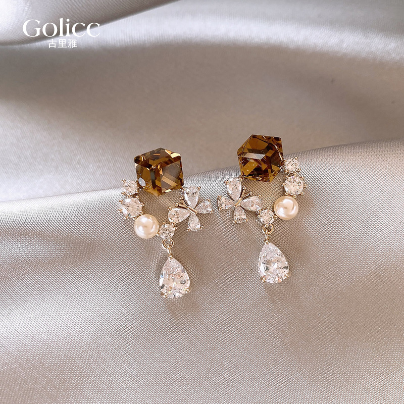 咖色立体方形水滴花朵耳环