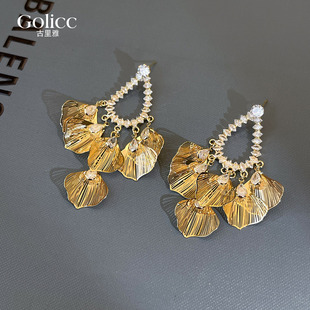 金色花瓣流苏耳环女2026新款爆款高级感耳钉夸张独特漂亮耳饰气质