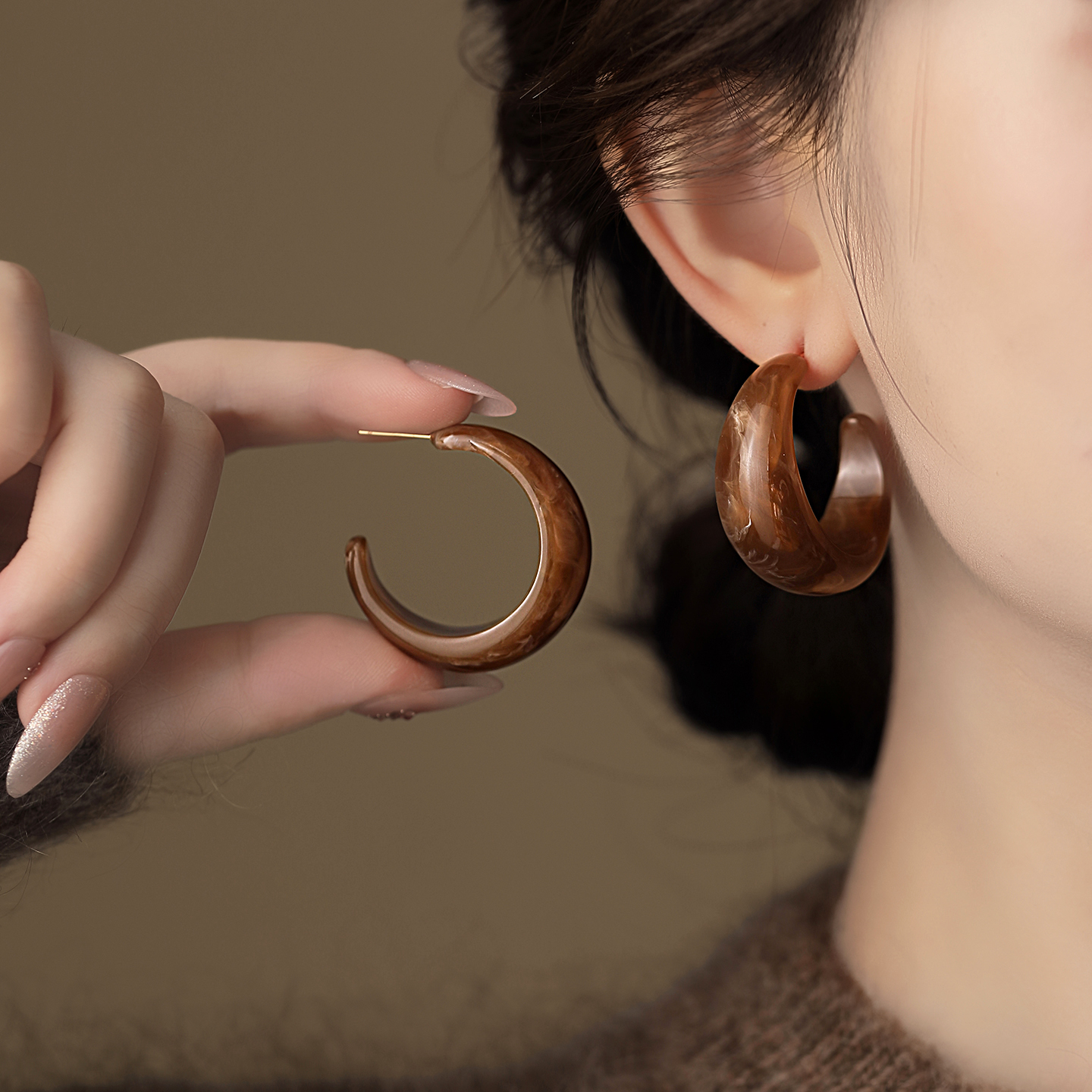 美拉德咖色晕染C圈耳环高级感