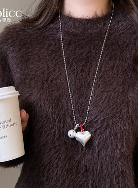 银色拉丝爱心棉花珍珠吊坠项链