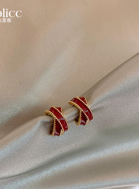 红色气质大气交叉耳钉女2026新款爆款耳环轻奢高级感小众设计耳饰