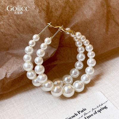 金色珍珠串珠大圈圈耳环高级感