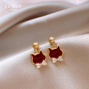 红色小猫蝴蝶结耳环女轻奢高级感气质大气百搭耳钉925纯银针耳饰