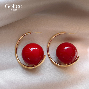 红色大颗珍珠C圈耳环女轻奢高级感耳钉适合圆脸的耳饰品2026爆款