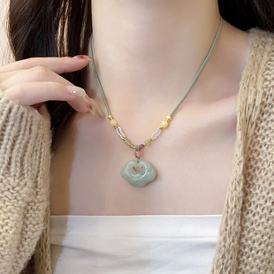 天山翠祥云平安锁项链女编绳吊坠新中式长款毛衣链2025年新款国风