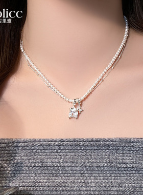 白色双层叠戴珍珠锆石吊坠项链