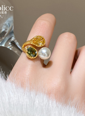 金色珍珠蛇形锆石开口戒指高级感