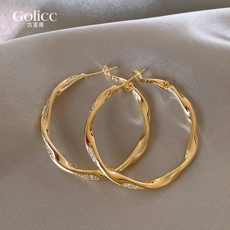 金色微镶波纹圆圈耳环夸张耳饰