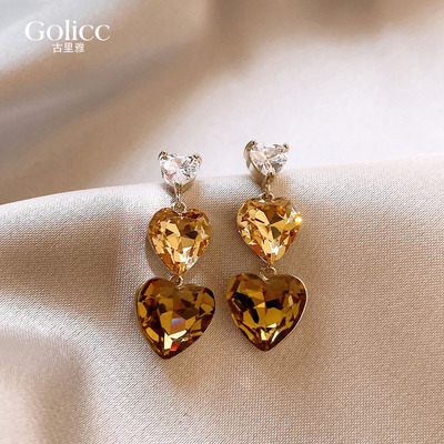 香槟色锆石心型耳坠耳环轻奢耳钉