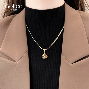 彩色锆石四叶草吊坠珍珠串珠项链女2026新款毛衣链高级感轻奢小众