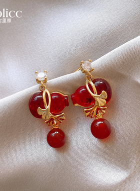 红色招财葫芦珍珠银杏叶耳环女2025年新款爆款高级感耳饰秋冬耳钉