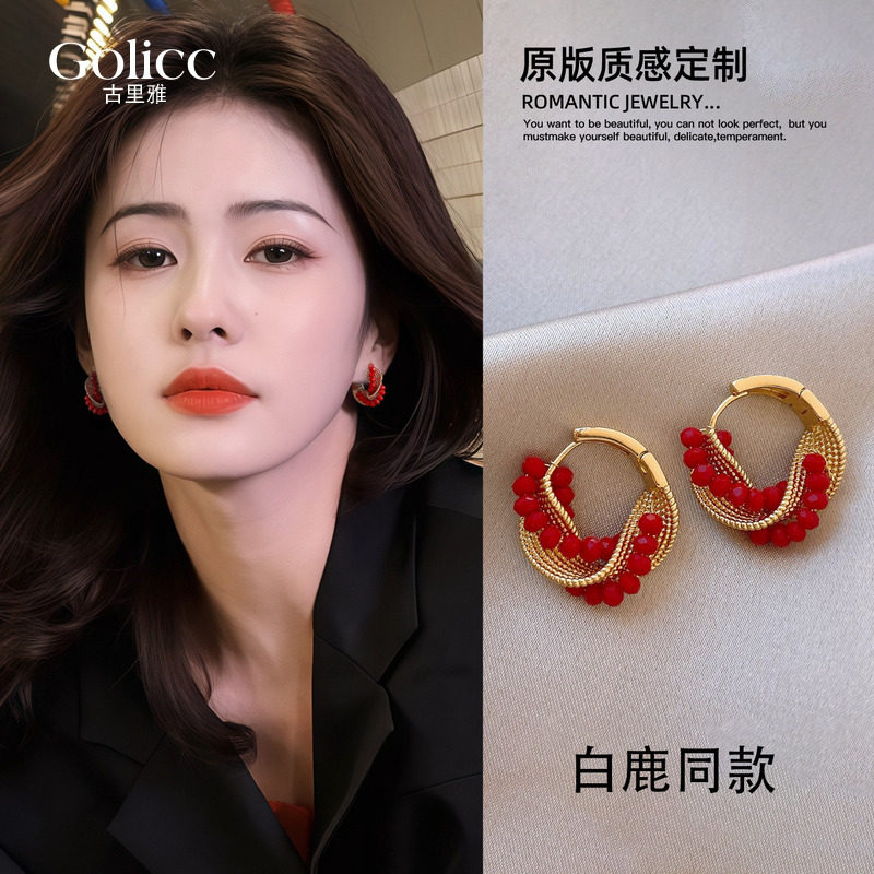 红色复古圈圈耳环女2026新款高级感轻奢巨好看耳钉适合冬天的耳饰