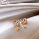 耳饰小众独特秋冬 爆款 彩色锆石猫咪耳环女稀奇古怪 耳钉2025新款