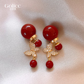 双面红色珍珠满钻蝴蝶耳坠耳环女高级感轻奢耳钉新年耳饰独特漂亮