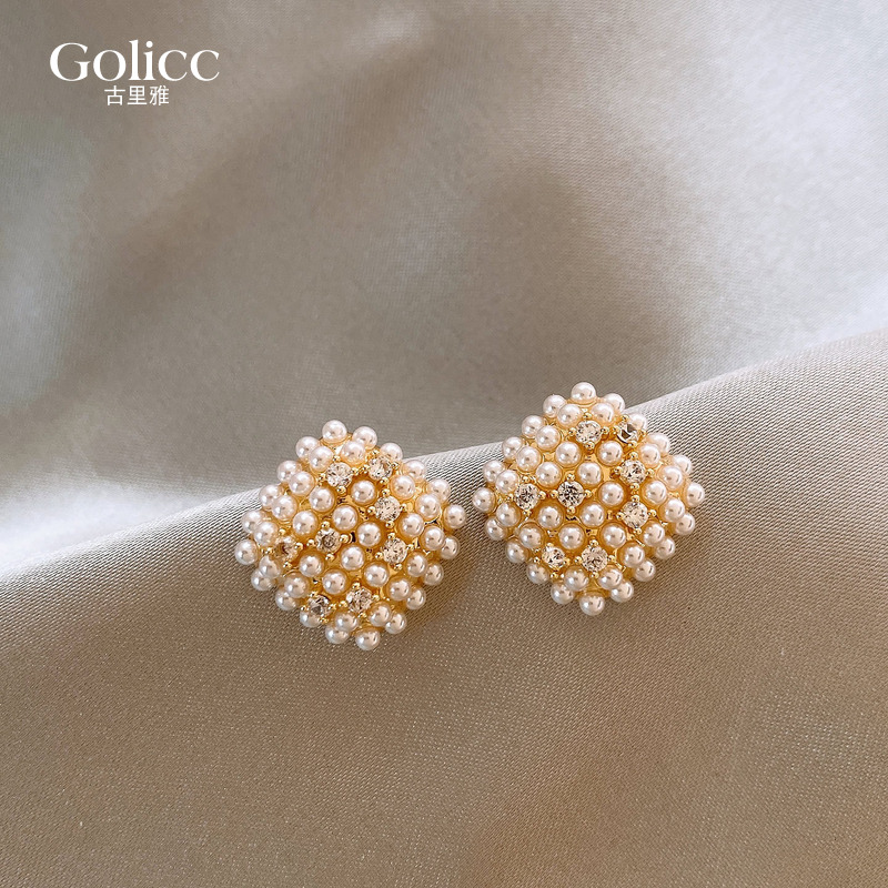 金色几何微镶珍珠耳钉高级感耳饰