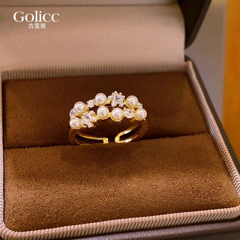 金色双层珍珠星星锆石开口戒指女2025新款爆款轻奢高级感食指指环