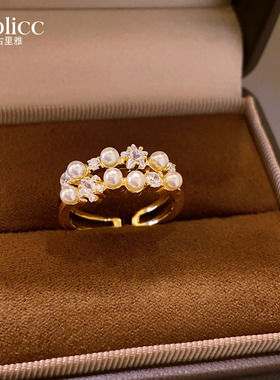 金色双层珍珠星星锆石开口戒指