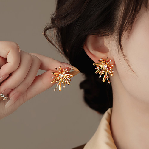 金色锆石烟花耳环高级感轻奢耳饰