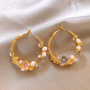 金色花朵珍珠圈圈耳环女高级感轻奢耳钉方圆脸巨好看独特好看耳饰