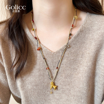 金色立体小马钱币串珠项链配饰品