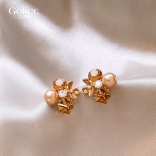 咖色锆石珍珠花朵耳钉女2026新款爆款耳饰小众设计感耳饰独特漂亮